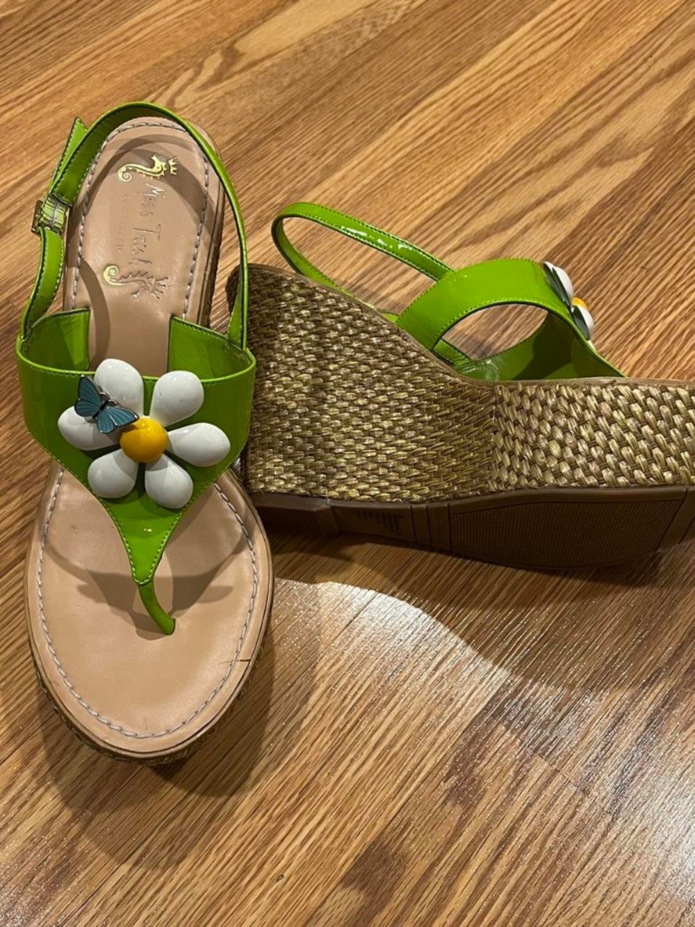 Miss Trish Green Daisy & Butterfly Rattan Wedge Sandals — Size 9.5